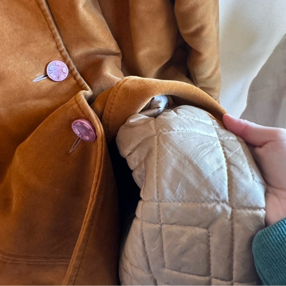 Irving Posluns Brown Suede Leather Coat Jacket Women’s Large Vintage Pink Button - Picture 8 of 10